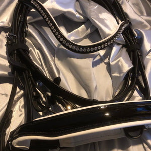 DBA Black and White English Leather Anatomical Bridle with Curved Austrian Crystal brow band - Hanoverian
