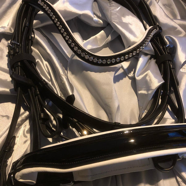DBA Black and White English Leather Anatomical Bridle with Curved Austrian Crystal brow band - Cavesson