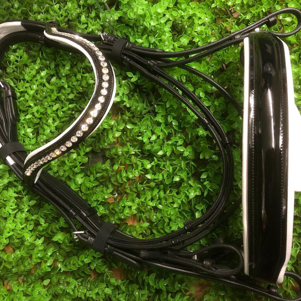 DBA Black and White English Leather Anatomical Bridle with Curved Austrian Crystal brow band - Cavesson
