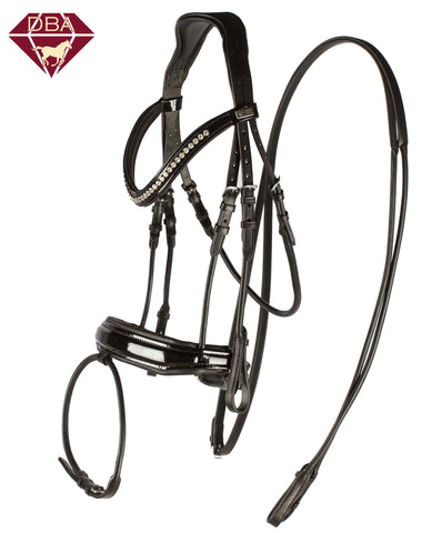 DBA Black Rolled English Leather Anatomical Bridle with Curved Austrian Crystal brow band - Hanoverian